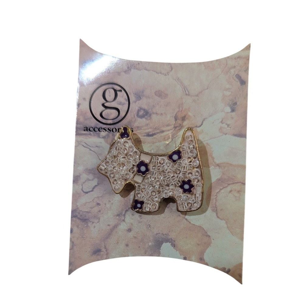 G Accessories Scottie Dog Brooch Gold Tone Seed Bead Purple Flower Pin 1 Inch